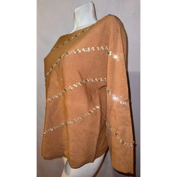New CHICO'S Sweater Sz L (2) Camel Diagonal Beaded Embellished Pullover Knit Top