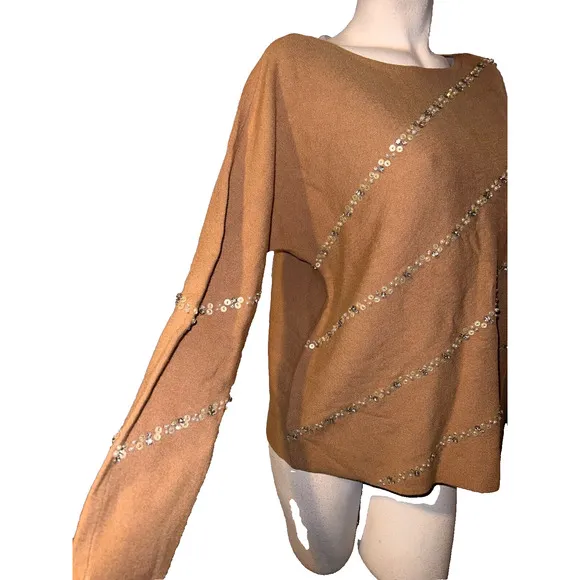 New CHICO'S Sweater Sz L (2) Camel Diagonal Beaded Embellished Pullover Knit Top