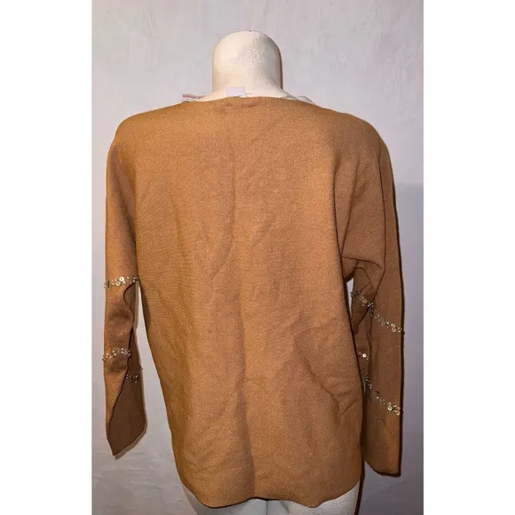 New CHICO'S Sweater Sz L (2) Camel Diagonal Beaded Embellished Pullover Knit Top