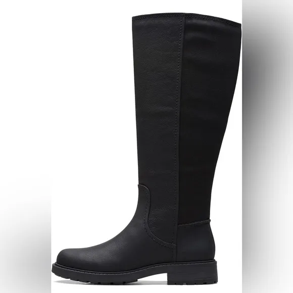 New | Clarks Women's Opal Glow Black Leather Knee-High Boots, size 11
