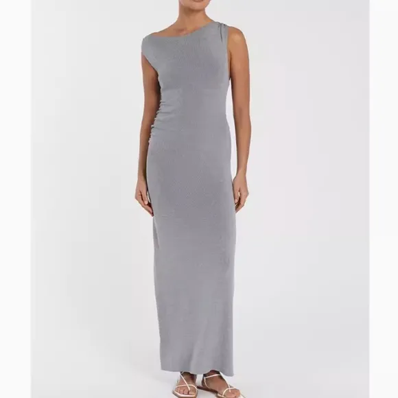 NEW DISSH Poppy Bitter Choc Asym Midi Dress - Silver Gray