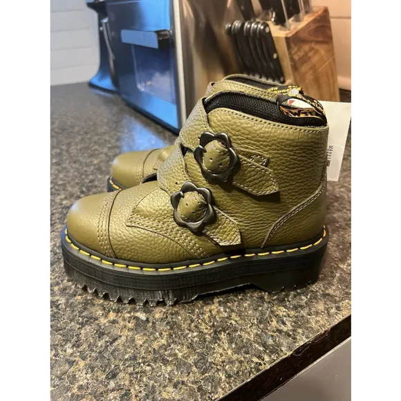 New Dr. Martens Devon Flower Buckle Platform Leather Boot