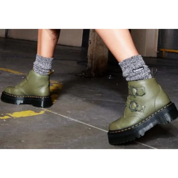 New Dr. Martens Devon Flower Buckle Platform Leather Boot