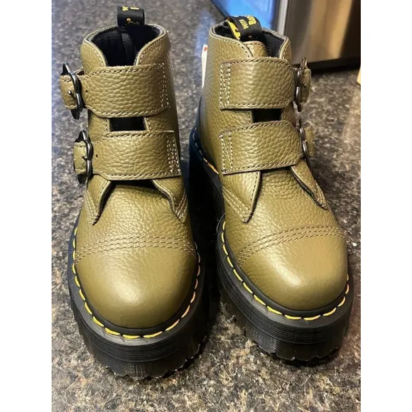New Dr. Martens Devon Flower Buckle Platform Leather Boot