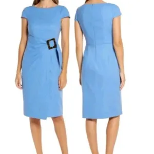 NEW Eliza J Linen Blend Faux Wrap Dress Size 12 Blue Midi Sheath Boat Neck