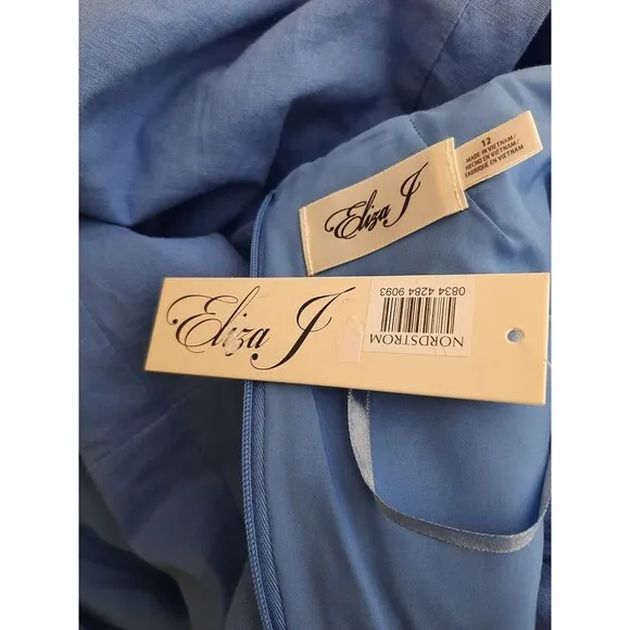 NEW Eliza J Linen Blend Faux Wrap Dress Size 12 Blue Midi Sheath Boat Neck
