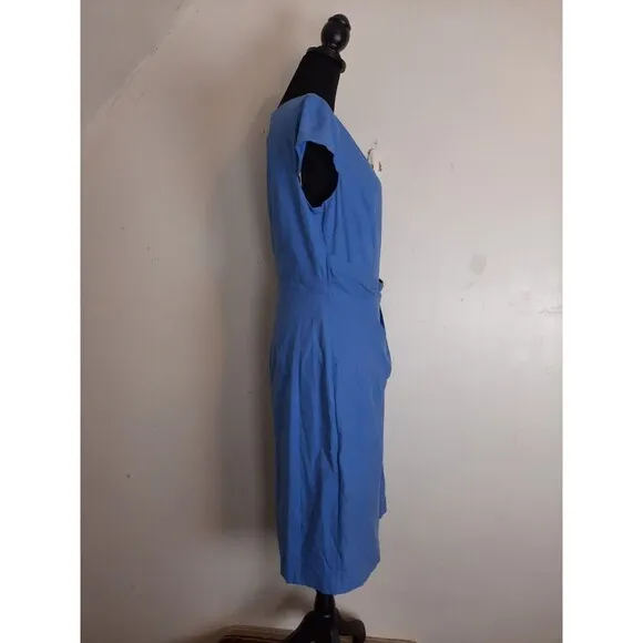 NEW Eliza J Linen Blend Faux Wrap Dress Size 12 Blue Midi Sheath Boat Neck