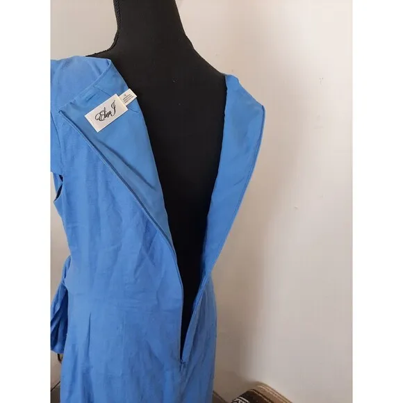 NEW Eliza J Linen Blend Faux Wrap Dress Size 12 Blue Midi Sheath Boat Neck