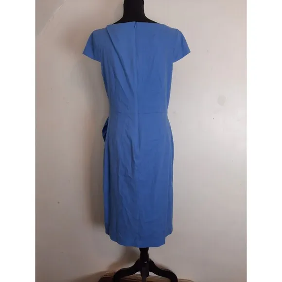 NEW Eliza J Linen Blend Faux Wrap Dress Size 12 Blue Midi Sheath Boat Neck