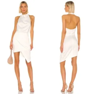 NEW ELLIATT Camo ASYMMETRIC White Ivory SATIN Halter DRAPED Cocktail Dress sz M