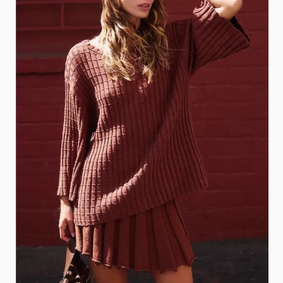 NEW Free People Kenzie Sweater Knit Set - Brownstone Cafe Brown