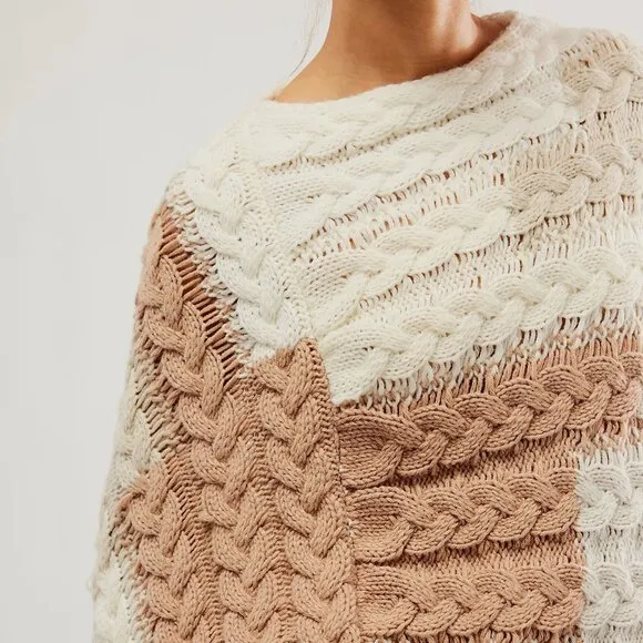 NEW Free People Revelry Cable Fringe Poncho Sweater Top Neutral OS Rare Bohemian