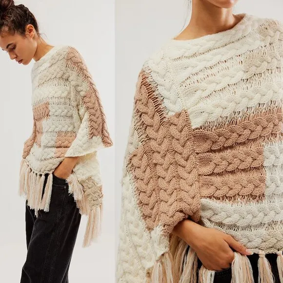 NEW Free People Revelry Cable Fringe Poncho Sweater Top Neutral OS Rare Bohemian