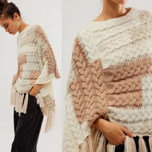 NEW Free People Revelry Cable Fringe Poncho Sweater Top Neutral OS Rare Bohemian