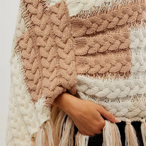 NEW Free People Revelry Cable Fringe Poncho Sweater Top Neutral OS Rare Bohemian