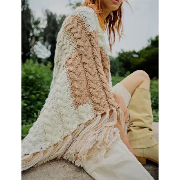 NEW Free People Revelry Cable Fringe Poncho Sweater Top Neutral OS Rare Bohemian