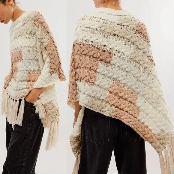 NEW Free People Revelry Cable Fringe Poncho Sweater Top Neutral OS Rare Bohemian
