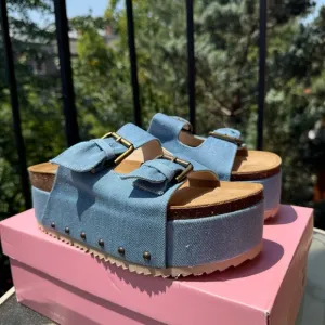 New Free People Rule Breaker Flatform Sandal Shoes Platform Denim Blue 8.5/39