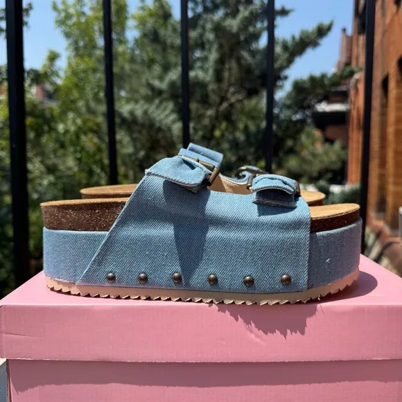 New Free People Rule Breaker Flatform Sandal Shoes Platform Denim Blue 8.5/39