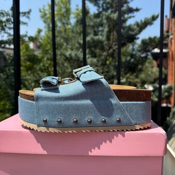 New Free People Rule Breaker Flatform Sandal Shoes Platform Denim Blue 8.5/39