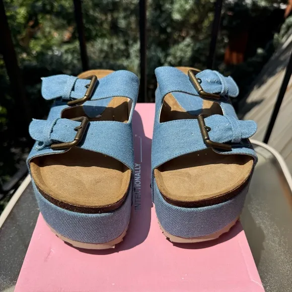 New Free People Rule Breaker Flatform Sandal Shoes Platform Denim Blue 8.5/39