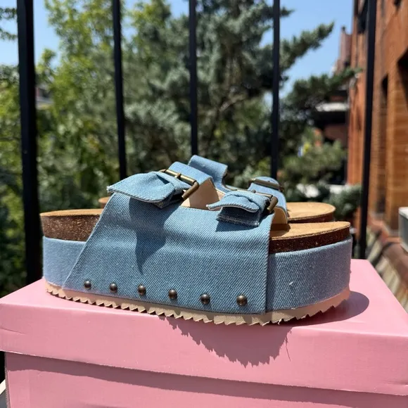 New Free People Rule Breaker Flatform Sandal Shoes Platform Denim Blue 8.5/39