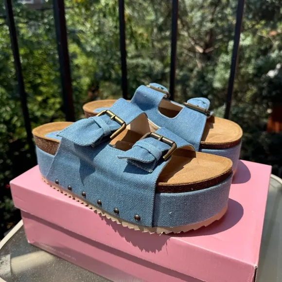 New Free People Rule Breaker Flatform Sandal Shoes Platform Denim Blue 8.5/39
