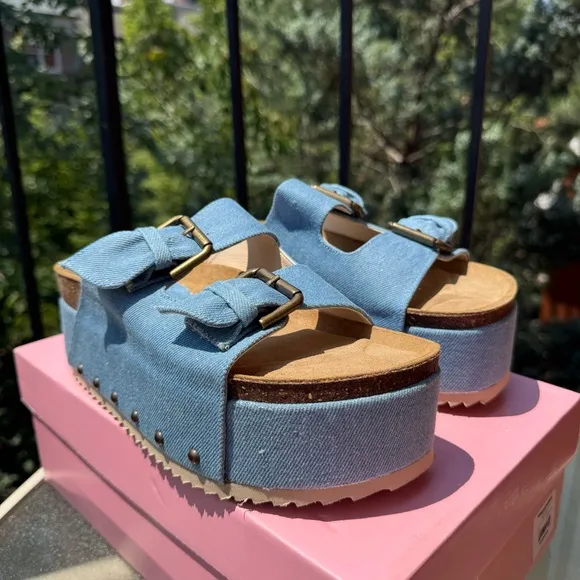 New Free People Rule Breaker Flatform Sandal Shoes Platform Denim Blue 8.5/39