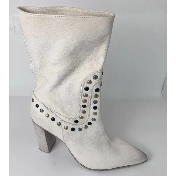 New Free People Studded Leather Dakota Heel Ivory Western Boots EU 41, US 11