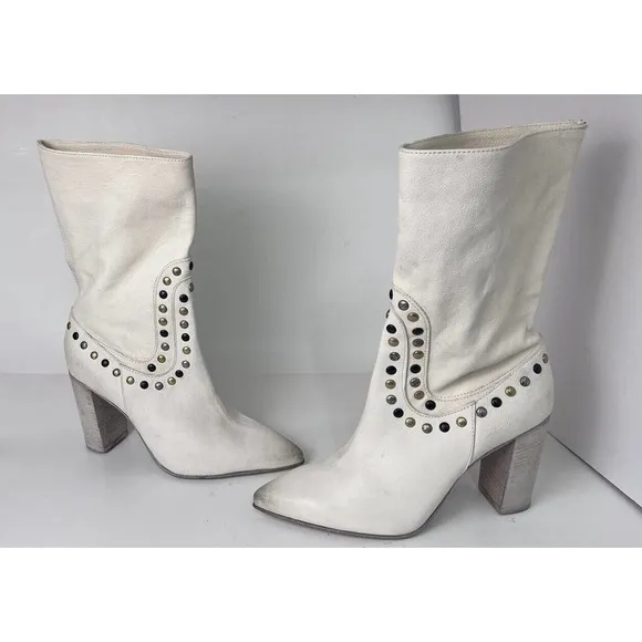 New Free People Studded Leather Dakota Heel Ivory Western Boots EU 41, US 11