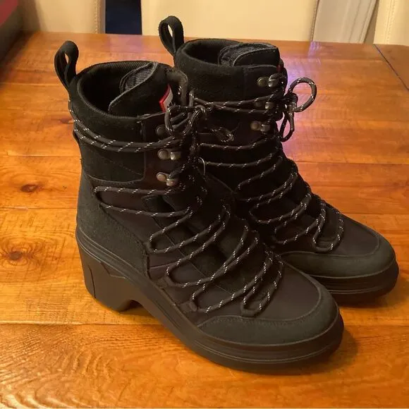 NEW Hunter Discoverer Mid Lace-up Leather Heel Boots Waterproof Black Size 9