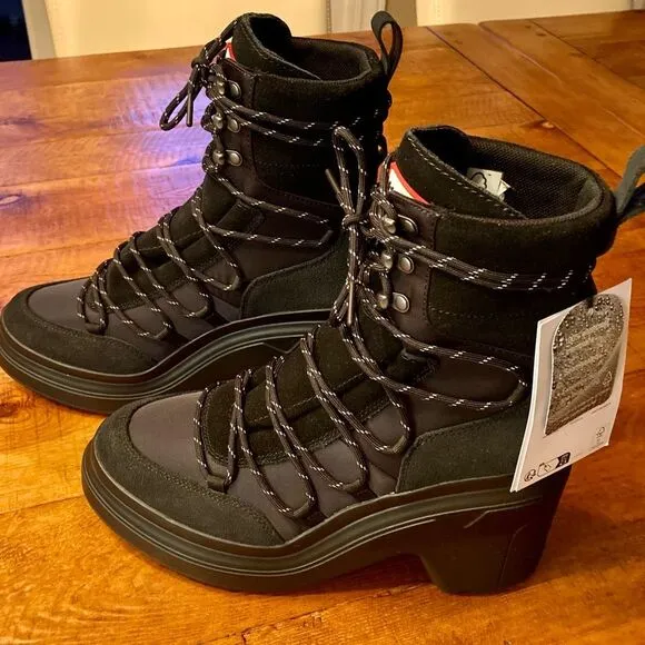NEW Hunter Discoverer Mid Lace-up Leather Heel Boots Waterproof Black Size 9