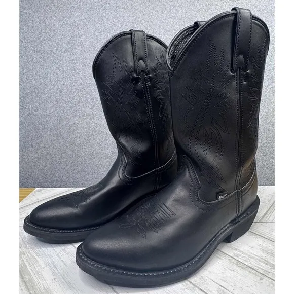 NEW Justin Black Leather Western Cowboy Boots Mens 9.5EE JB1104‎ PullOn Stitched