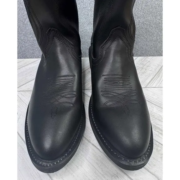 NEW Justin Black Leather Western Cowboy Boots Mens 9.5EE JB1104‎ PullOn Stitched