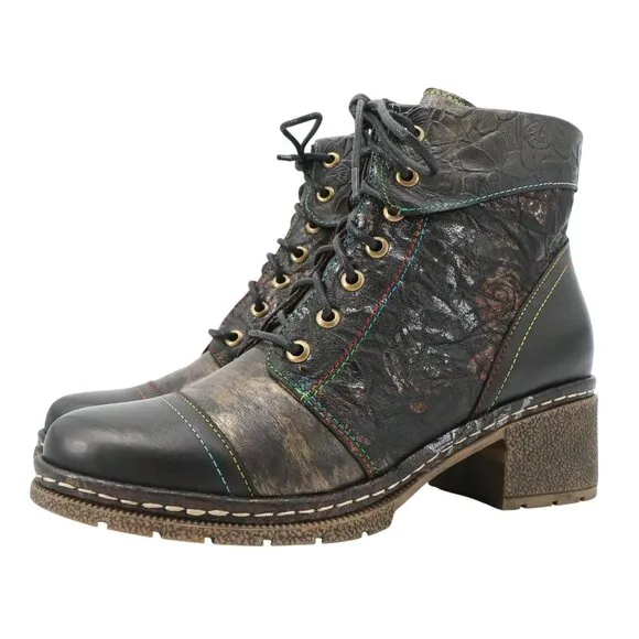 New L'Artiste by Spring Step Leather Lace-Up Inside Zip Black Boots 39 8.5