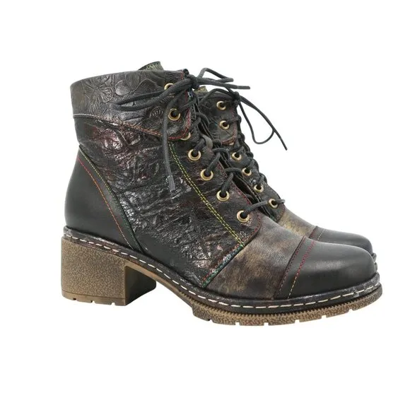 New L'Artiste by Spring Step Leather Lace-Up Inside Zip Black Boots 39 8.5