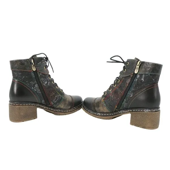New L'Artiste by Spring Step Leather Lace-Up Inside Zip Black Boots 39 8.5