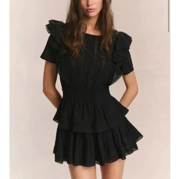 New Love Shack Fancy Natasha Ruffle Crochet Mini Dress Size Small in Black