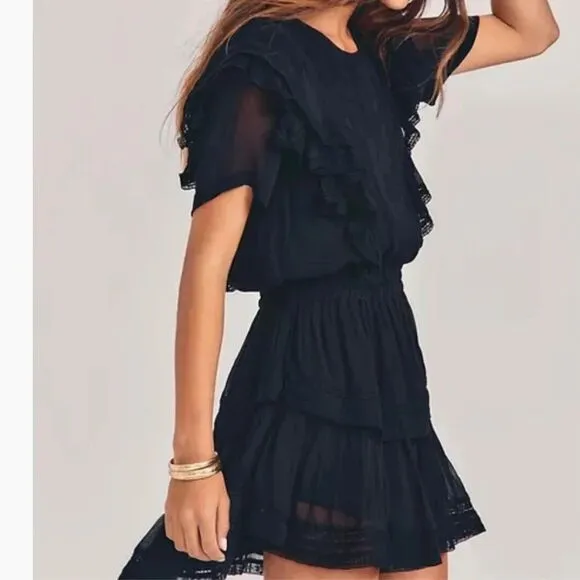 New Love Shack Fancy Natasha Ruffle Crochet Mini Dress Size Small in Black