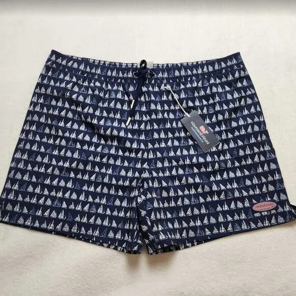 New men's XL Vineyard Vines 5&quot; printed Chappy swim trunks Boat Parade navy short