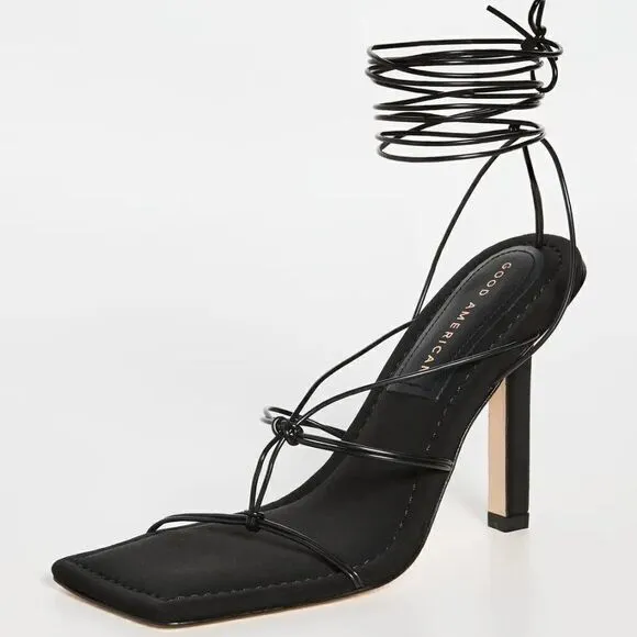 New (NIB): Good American Caged Slanted Sandals in Neoprene Black size 7.5