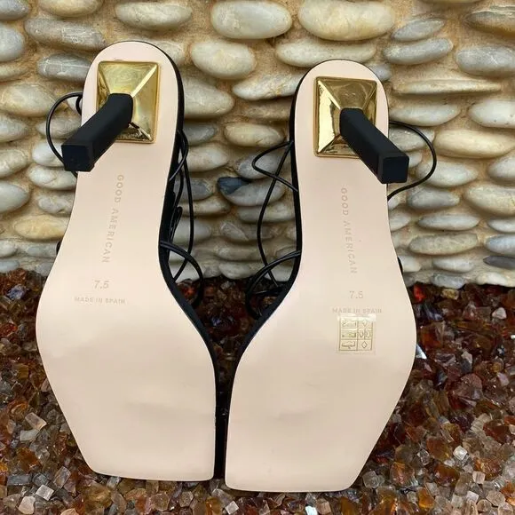 New (NIB): Good American Caged Slanted Sandals in Neoprene Black size 7.5