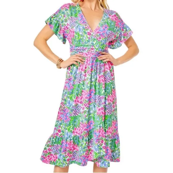 NEW NWT Lilly Pulitzer Juliet Ruffle Midi Dress In A Cherry On Top Floral Print