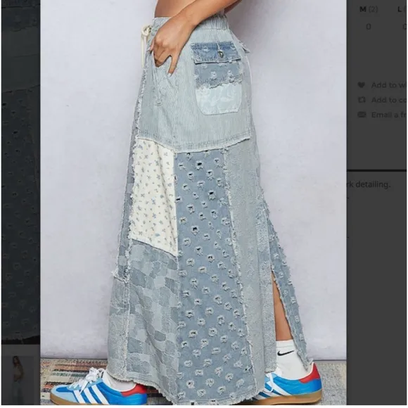NEW! Pol Mixed Print Stretchy Drawstring Waist Floral Patch Denim Maxi Skirt