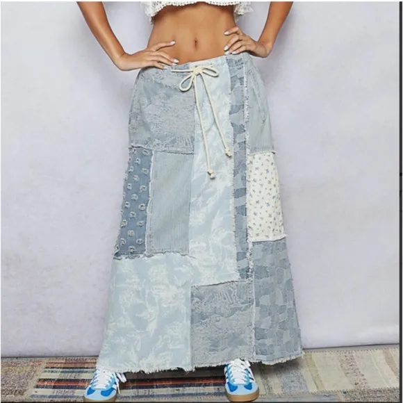 NEW! Pol Mixed Print Stretchy Drawstring Waist Floral Patch Denim Maxi Skirt