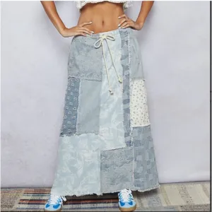 NEW! Pol Mixed Print Stretchy Drawstring Waist Floral Patch Denim Maxi Skirt