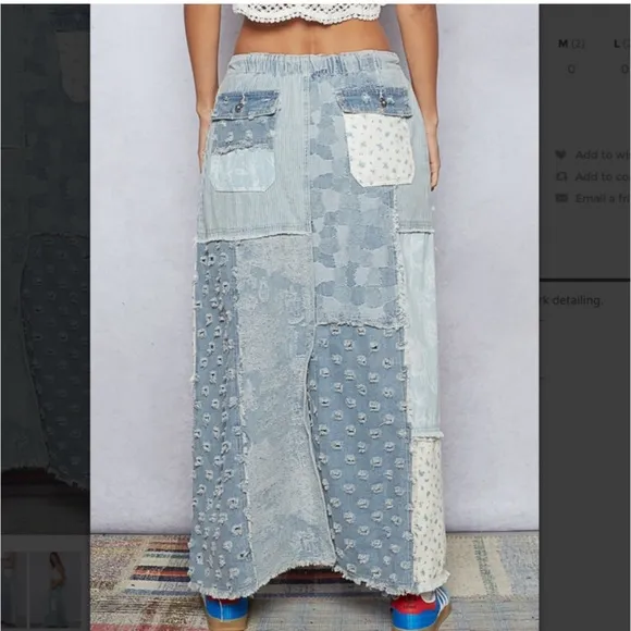 NEW! Pol Mixed Print Stretchy Drawstring Waist Floral Patch Denim Maxi Skirt