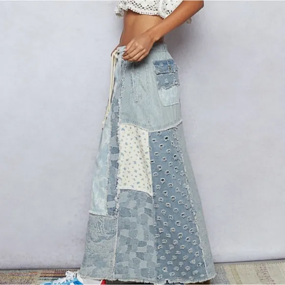 NEW! Pol Mixed Print Stretchy Drawstring Waist Floral Patch Denim Maxi Skirt
