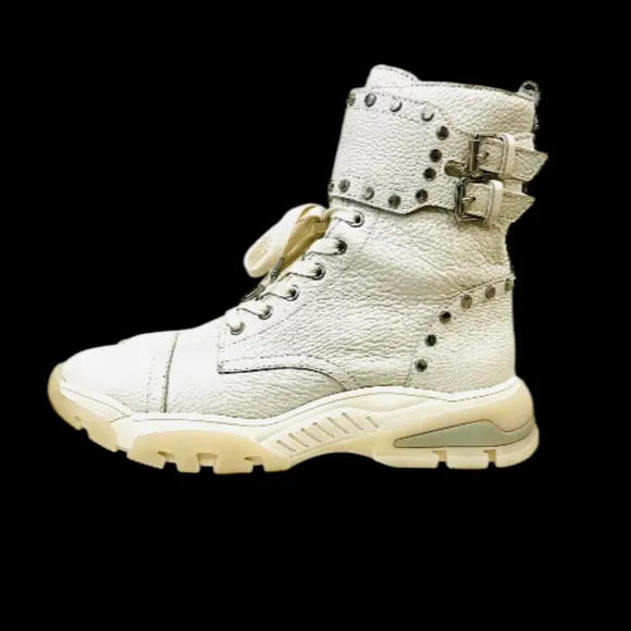 NEW Sam Edelman Cream/Ivory Leather Silver-studded Strap-Ankle Urban Boots