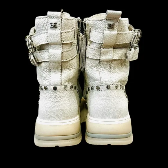 NEW Sam Edelman Cream/Ivory Leather Silver-studded Strap-Ankle Urban Boots